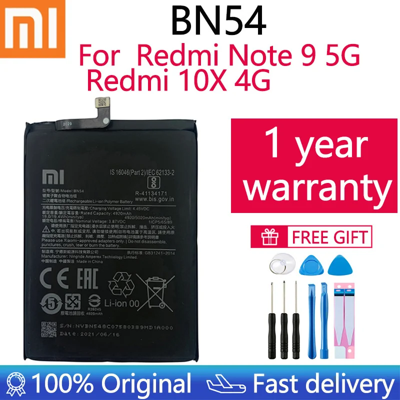 Оригинальный телефонный аккумулятор Xiao Mi BN54 для XIAOMI Redmi Note 9 5020 мАч сменный