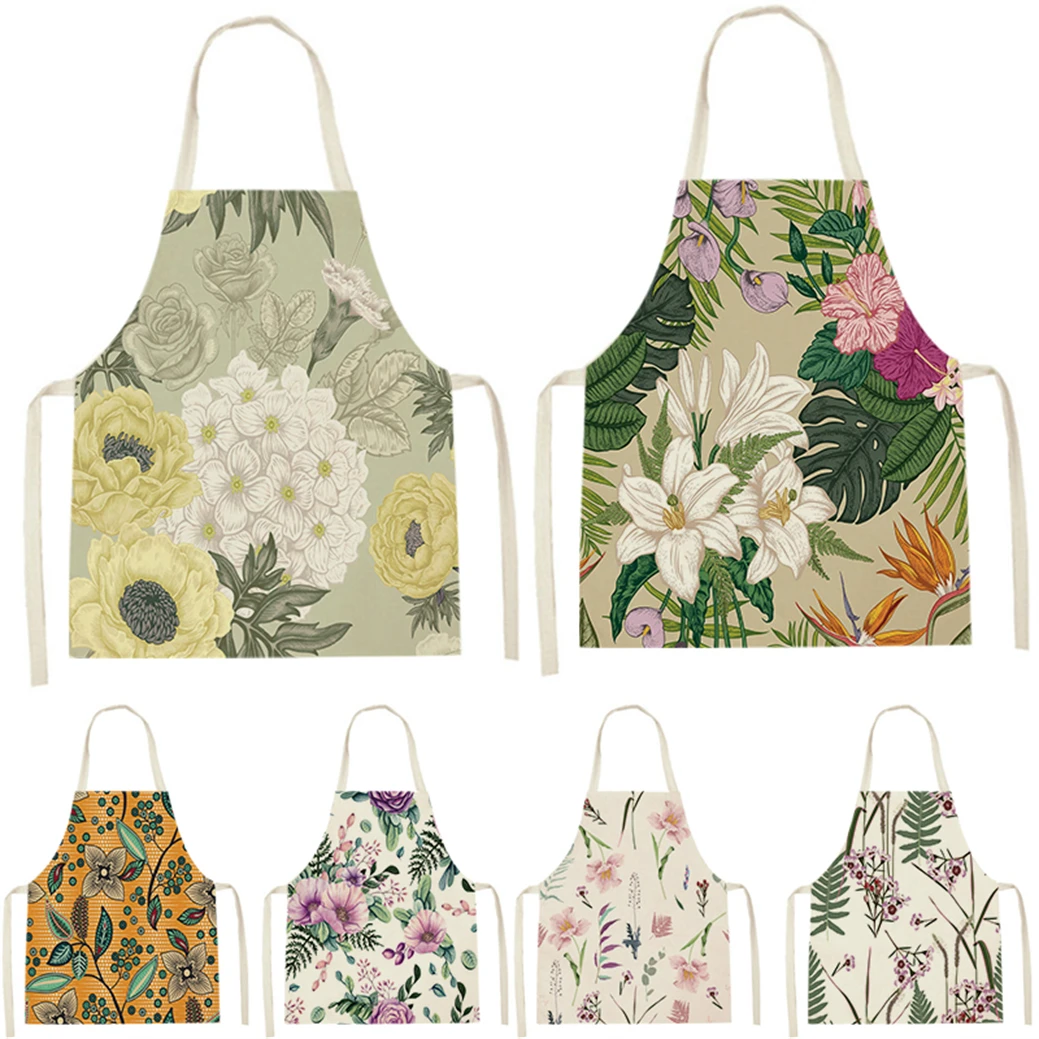 

Plant Style Apron Kitchen Household Cleaning Pinafore Beard Apron Vegetation Flowers Pattern Sleeveless Cotton Aprons Home Bib