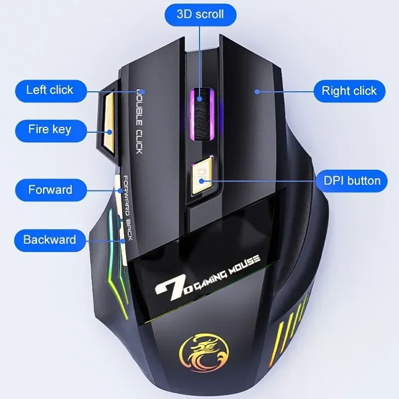 Фото Беспроводная игровая мышь USB IMICE GW-X7 3200 точек на дюйм, двухрежимная перезаряжаемая, 7 клавиш, бесшумная мышь 2,4 ГГц, Bluetooth, 7 цветов, светодиод для дыхания №2