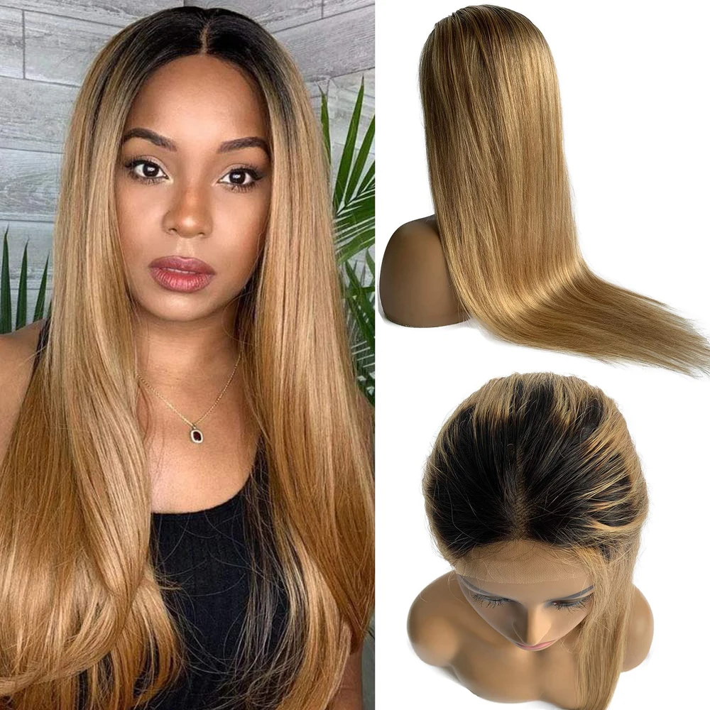 

150% Density 1B27 Glueless Pre Plucked Lace Closure Wig Ombre Blonde Remy Straight 4x4 Lace Front Human Hair Wigs With Baby Hair