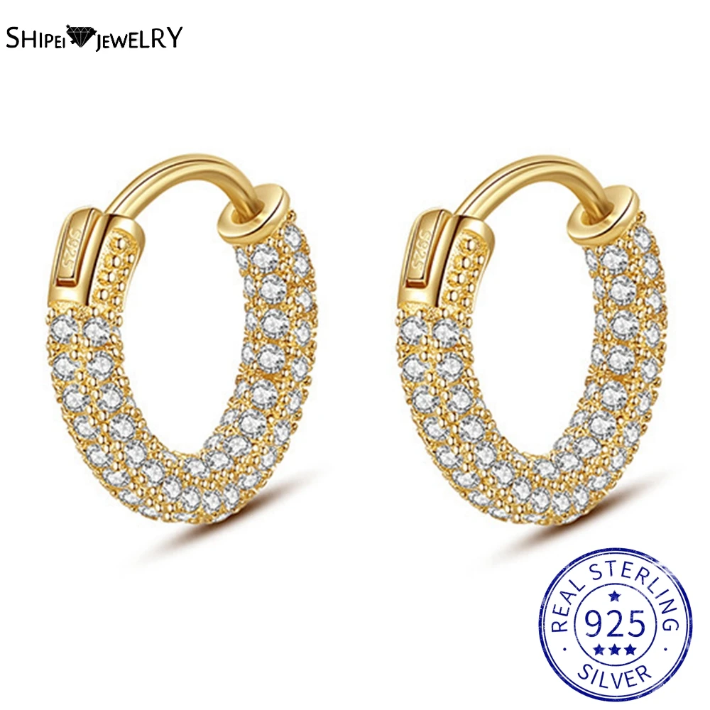 

Shipei 100% 925 Sterling Silver Created Moissanite Gemstone Party Fashion Small Hoop Earrings For Women Hip Hop Fine Jewelry