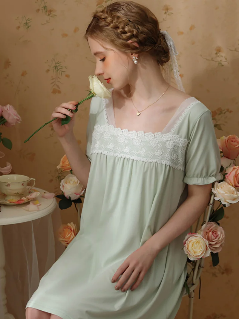 Women Summer Cotton Victorian Fairy Nightgowns Short Sleeve Ruffles Nightdress Vintage Princess Pajamas Sweet Loose Sleepwear