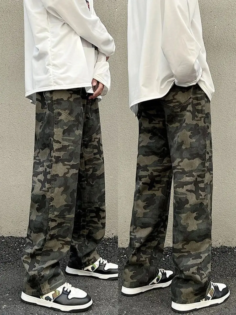 Джинсы мужские прямые с леопардовым принтом повседневные камуфляжные модные