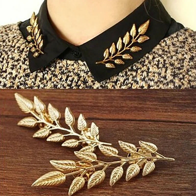 

Golden Leaf Shirt Brooches 2pcs Men Women Clothes Sweater Collar Pin Metal Needle Buckle Lapel Pins Enamel Pin Badges