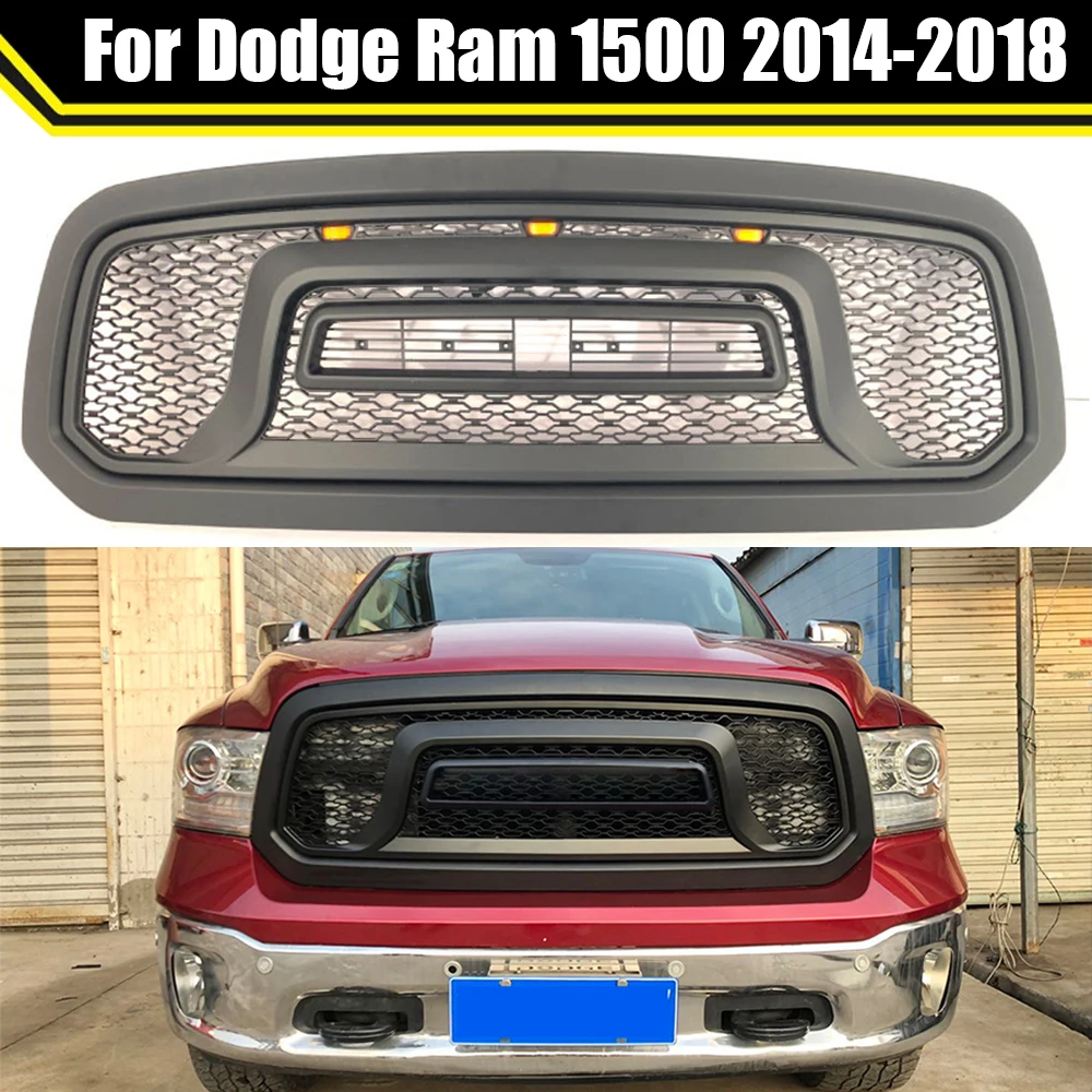 

Pickup Truck Bumper Grill Hood Upper Grille Shell For Dodge Ram 1500 2014-2018 Matte Black ABS With LED Light Racing Mesh Grille