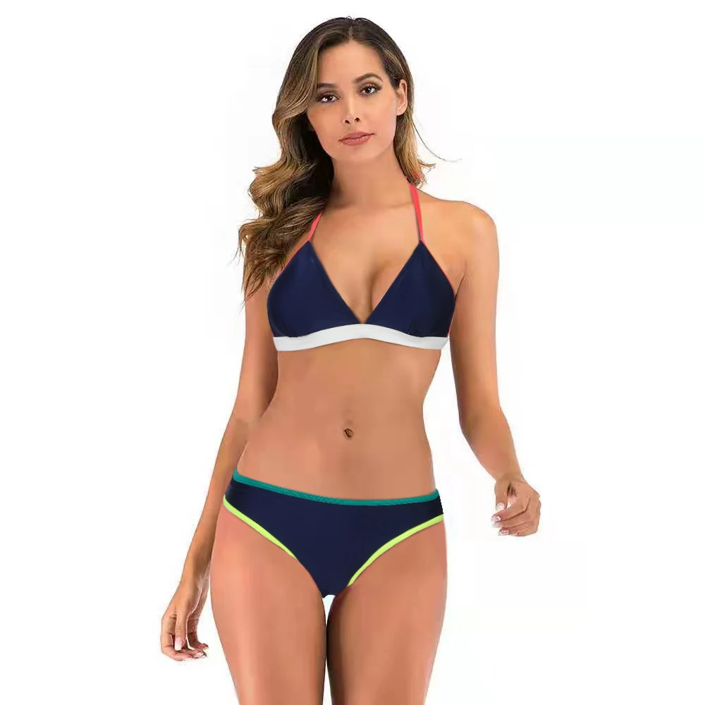 

2022 Summer Navy Blue Highlight Bikini Brazilian Sexy Style Backless Lace-Up Swimsuit Ladies Gather Two Piece Swimwear Beachwear