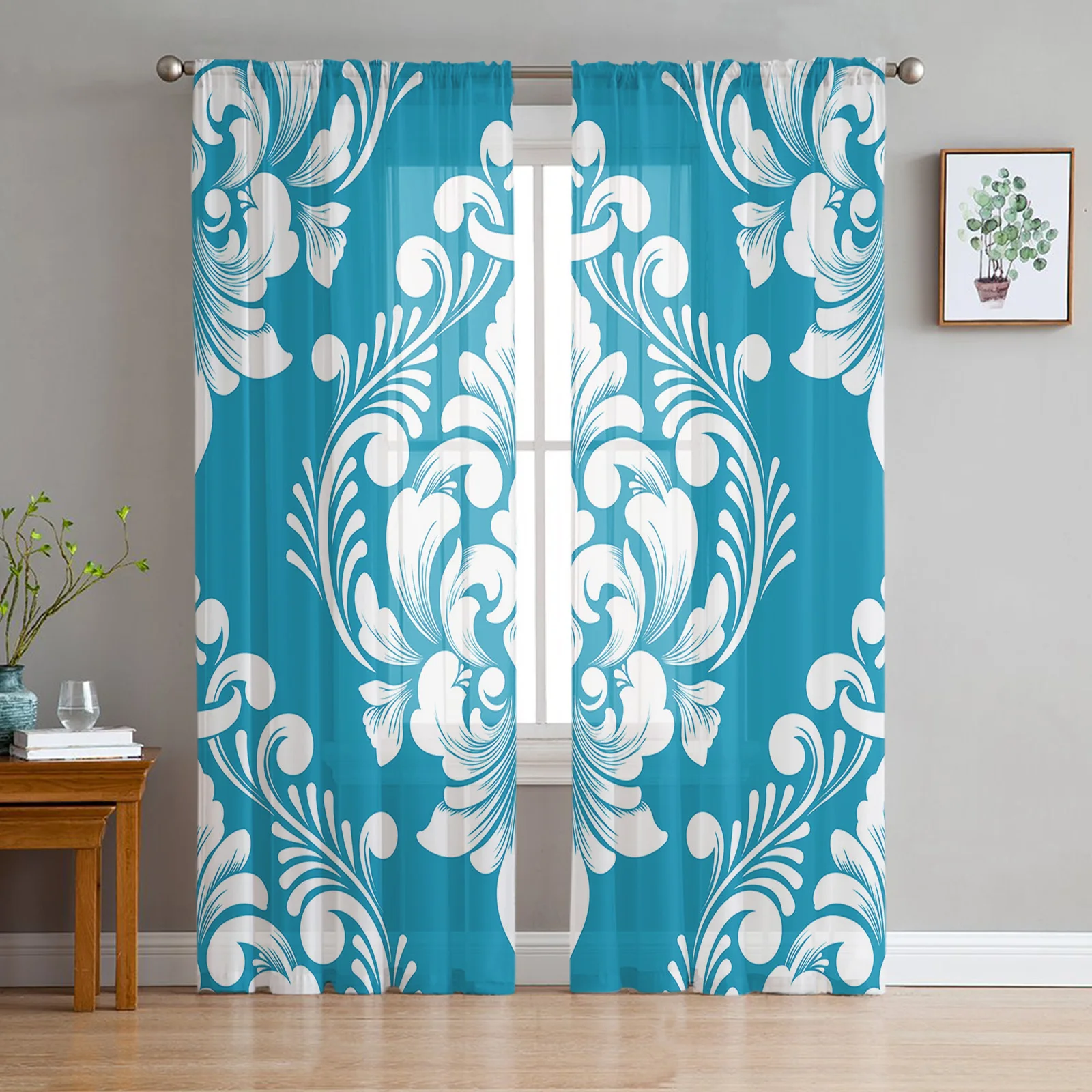 

Luxury Vintage Damask Pattern Sky Blue Sheer Curtains for Living Room Bedroom Tulle Curtain for Kitchen Home Decor Window Drapes