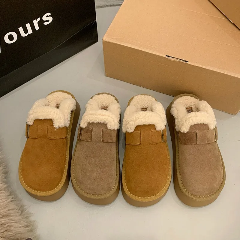 Женская обувь 2024 женские тапочки с закрытым носком меховые шлепанцы на платформе
