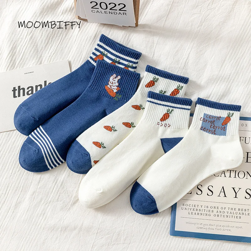 

Blue Women Pure Cotton Socks Ins Tide Boat Sock Spring Summer and Autumn Thin Rabbit Carrot Cartoon Japanese Cute Girl Socks