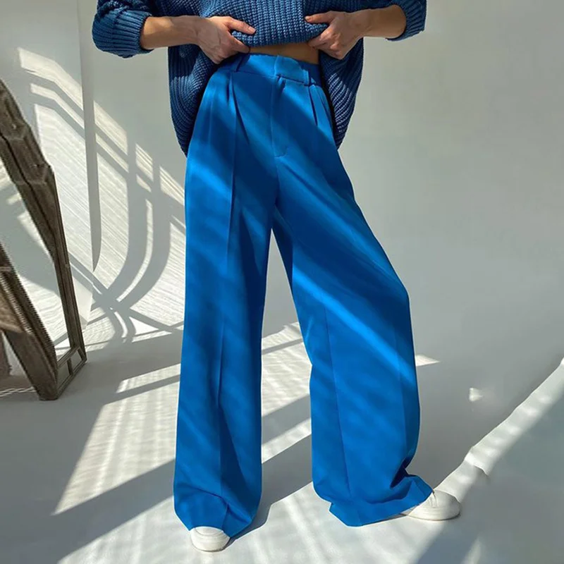 Wide Leg Pants for Women Spring Fashion Casual Loose Floor Length Ladies Blue Trousers High Waist Women's Office Pants