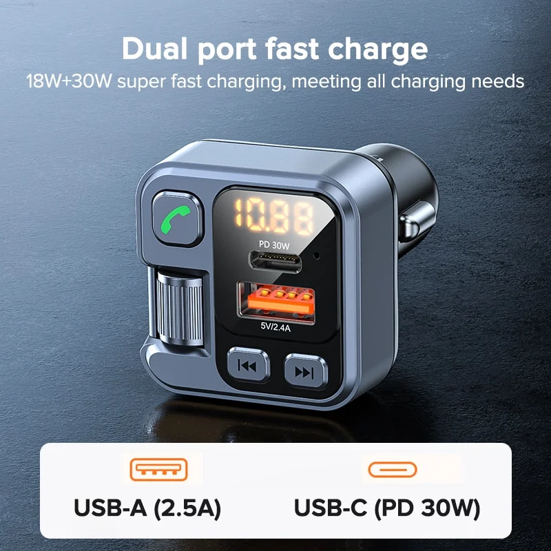 FM Transmitter 30W Car Charger Fast Charge USB Type C Adapter Bluetooth 5.1 Stereo MP3 Player For Mobile Phone PD Charger in Car