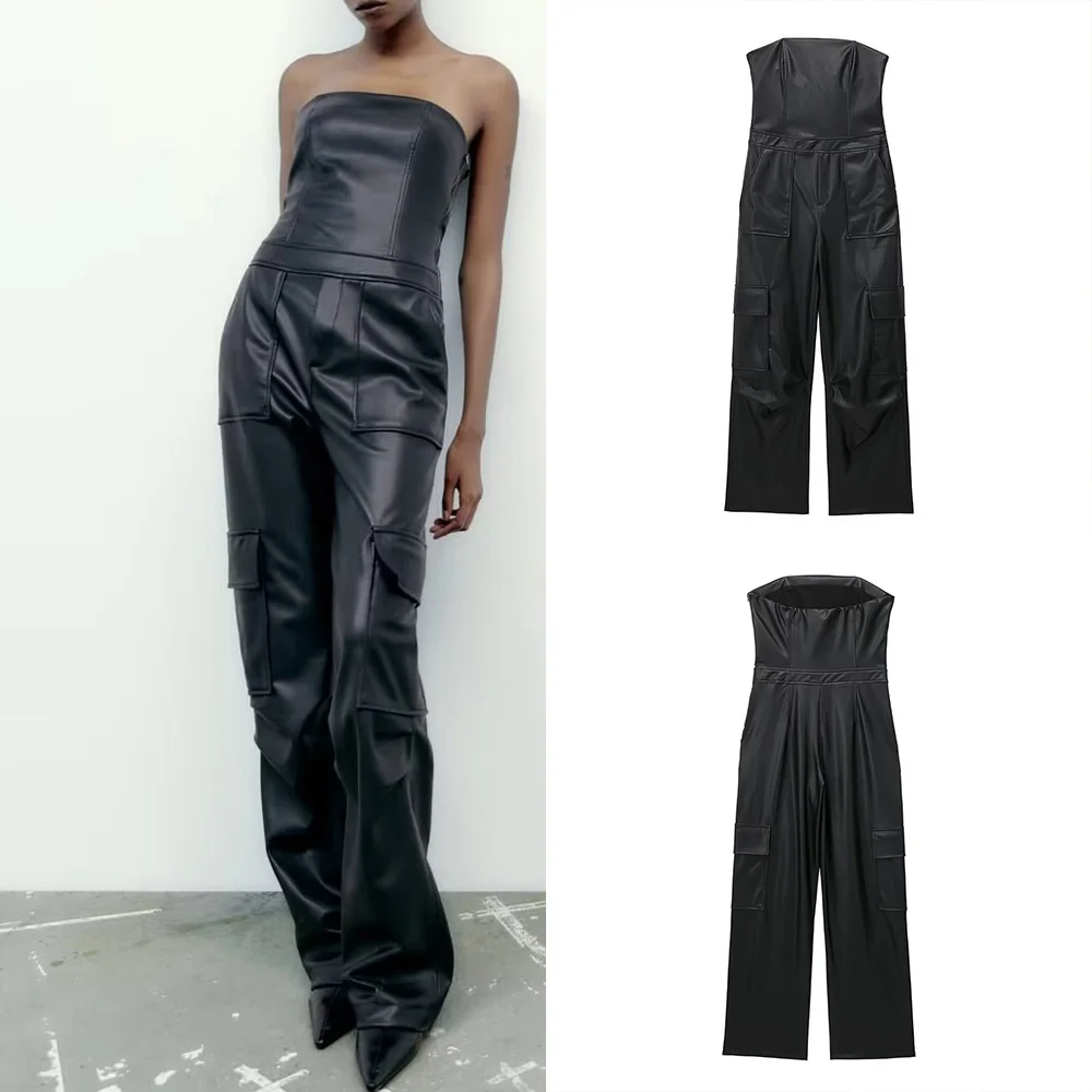 

PB&ZA early autumn new women's temperament fashion wrap style multi-pocket leather long jumpsuit 3152302