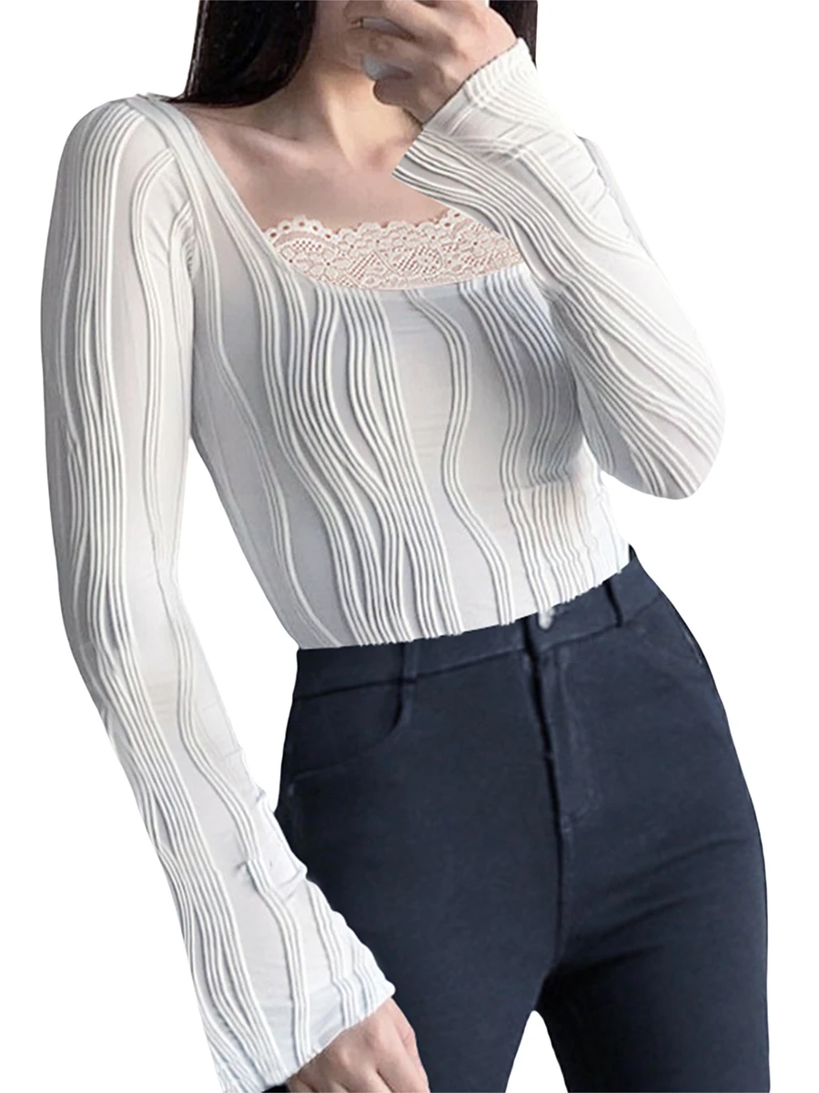 

Women\u2019s Ribbed Tops Elegant Long Sleeve Scoop Neck Lace Patchwork Slim Fit T-Shirts