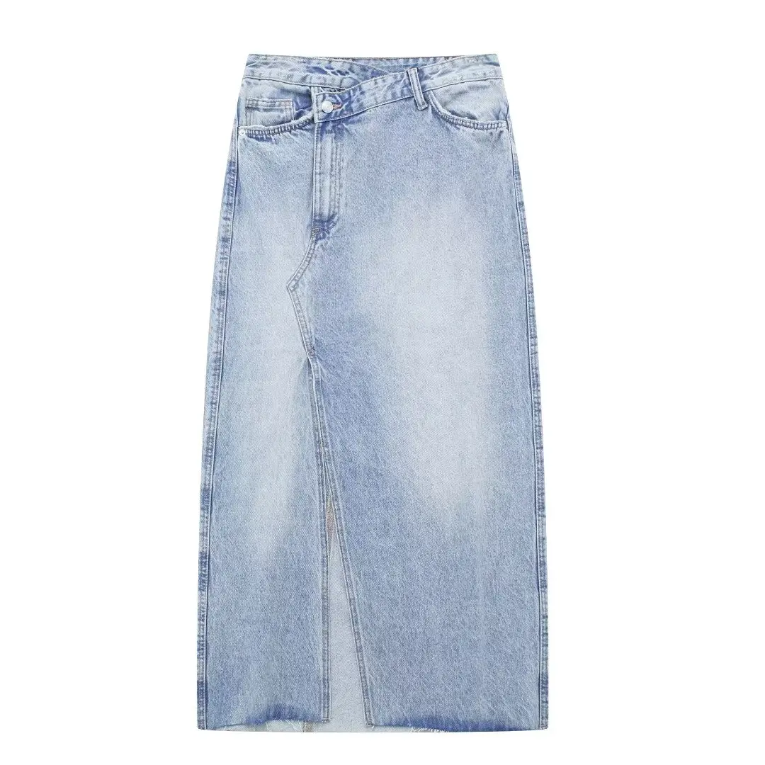 

Women 2023 New Chic Fashion Summer Cowboy Midi Skirt Vintage High Waist Front Split Zipper Female Skirts Mujer