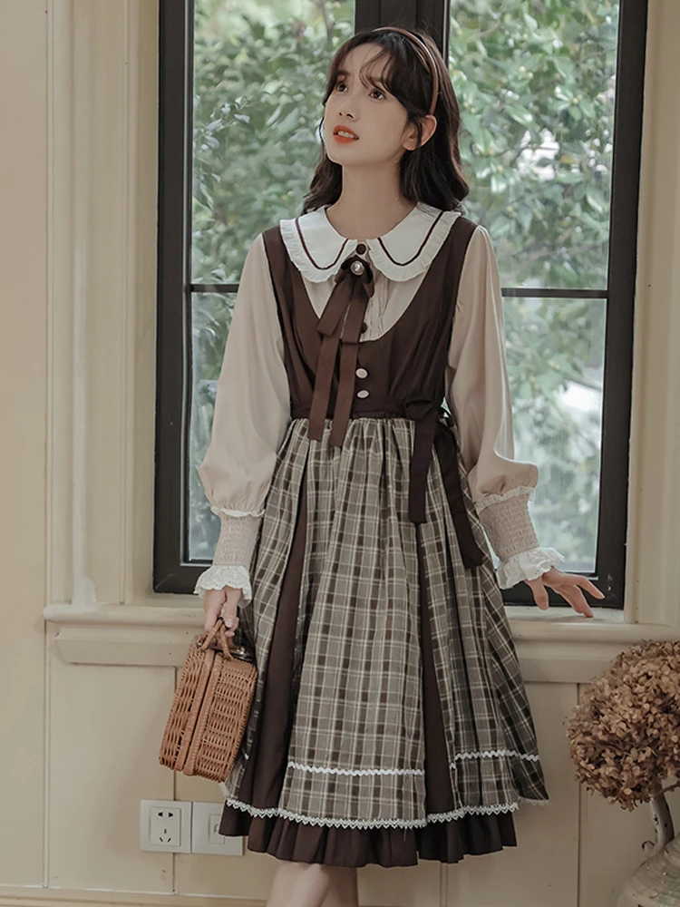 

Женское длинное платье с длинным рукавом, длинное клетчатое платье в литературном ретро стиле преппи с кукольным воротником, имитация двух частей ВМС