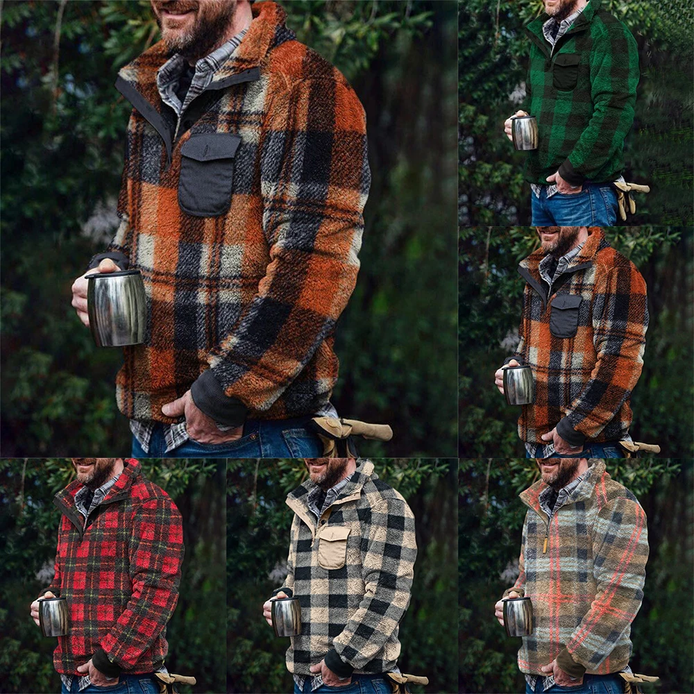 

Mens Fashion Fleece Fluffy Winter Warm Thermal Lapel Jacket Top Slim Printed Zip Coat Outwear Jacket