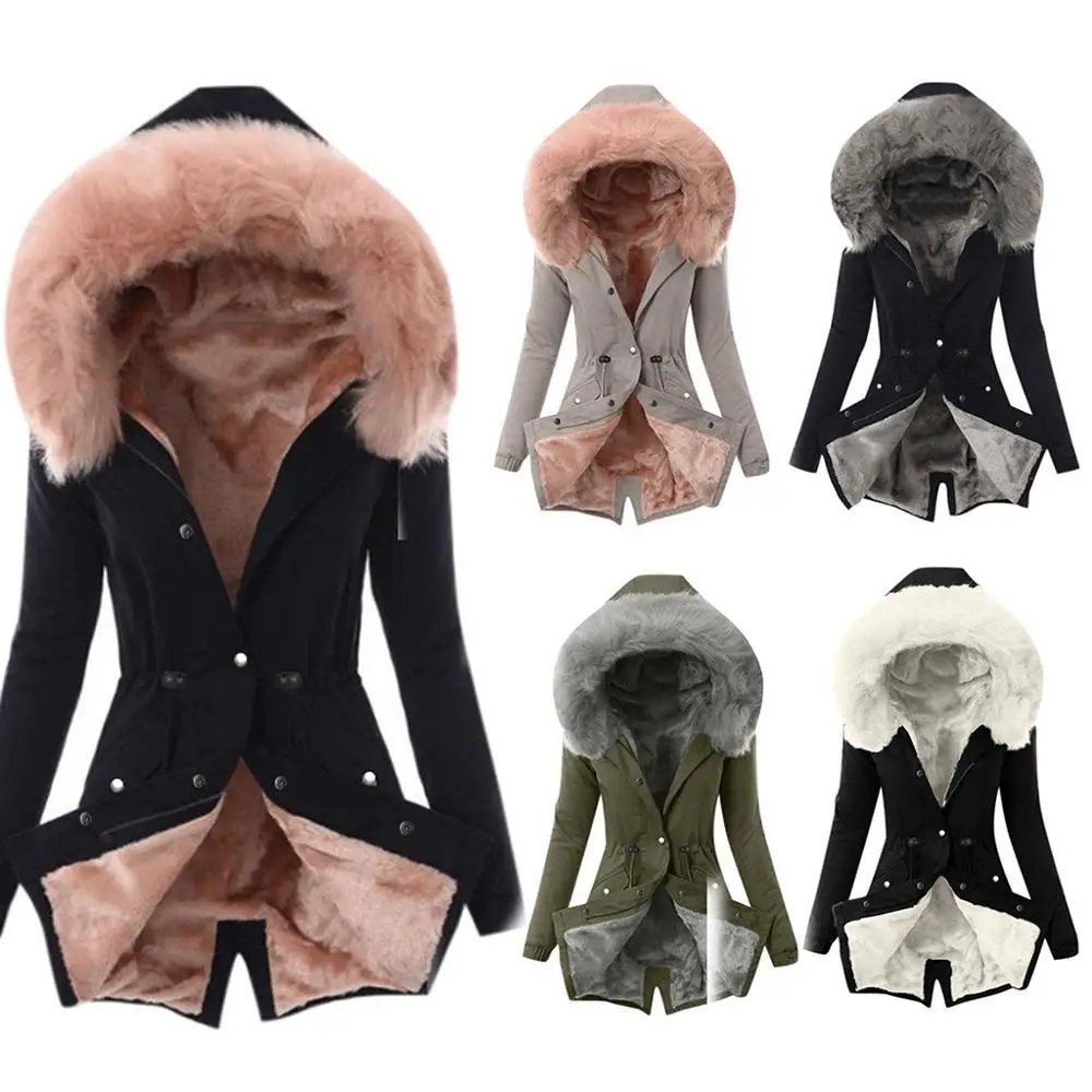 ZITY Womens Hooded Faux Fur Coat Plus Size Ladies Fur Lining Coat Womens Winter Warm Thick Long Jacket Hooded Overcoat S-XXXL