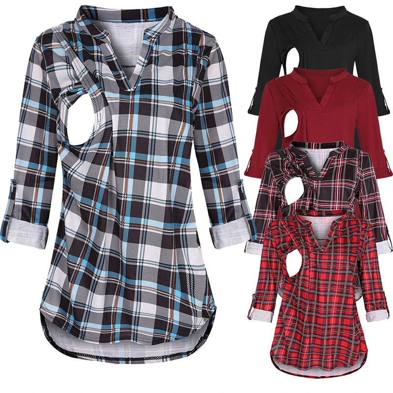 New Women Maternity Tops Long Sleeve Plaid Print Nursing Tops Blouse Breastfeeding Maternity Clothes maglia premaman