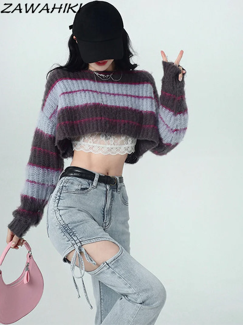 

Вязаный укороченный топ, классический свитер в полоску Y2K, пикантная короткая трикотажная уличная одежда, Женский винтажный пуловер, свитер...