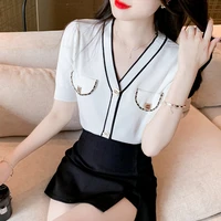 summer womens thin short sleeve knitted cardigan french v neck top korean fashion leisure designer grace white coat new