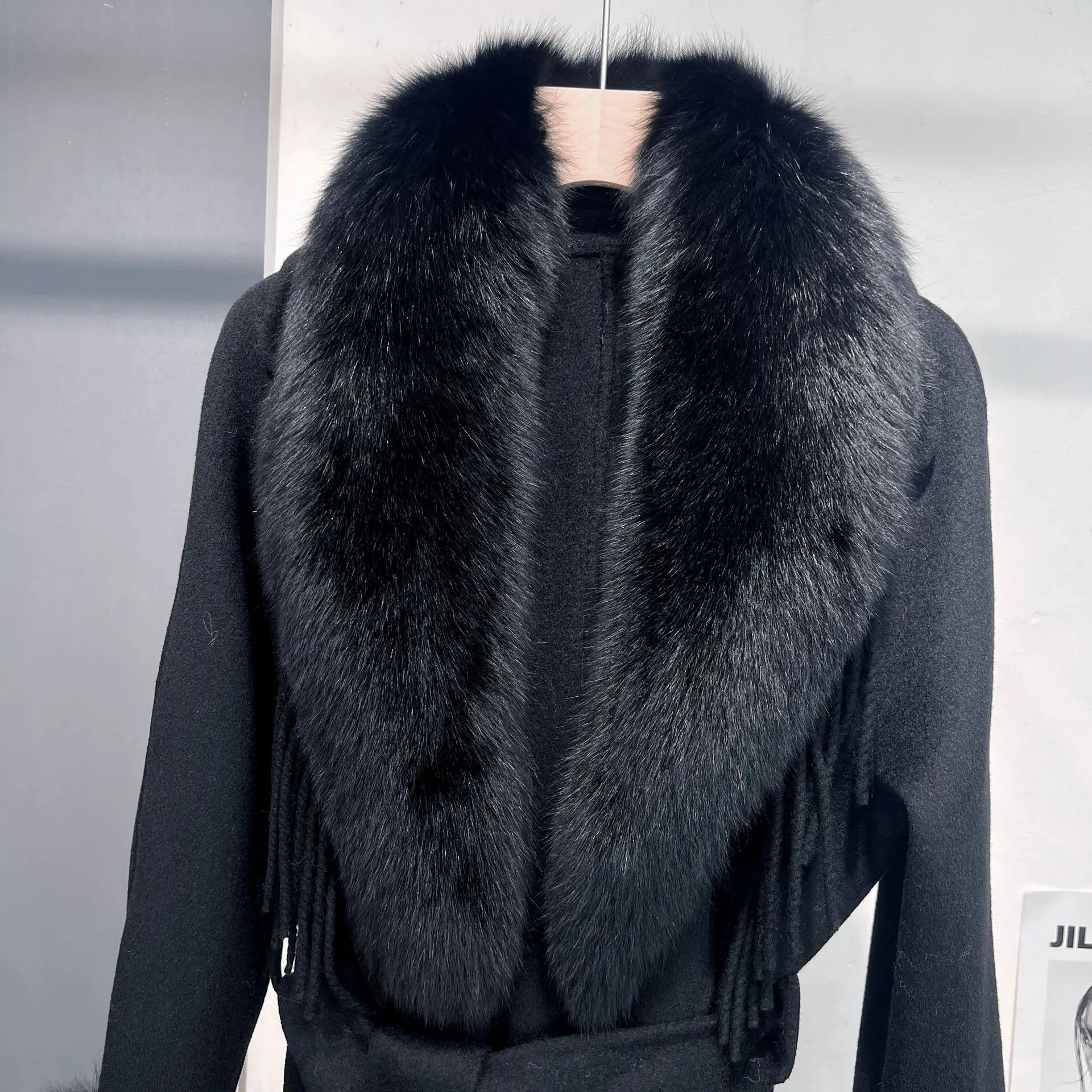 

GTGYFF Fox Fur Collar Wool Coat For Women Tassel Winter V Neck Long Belted Warm Trench Cashmere Outwear