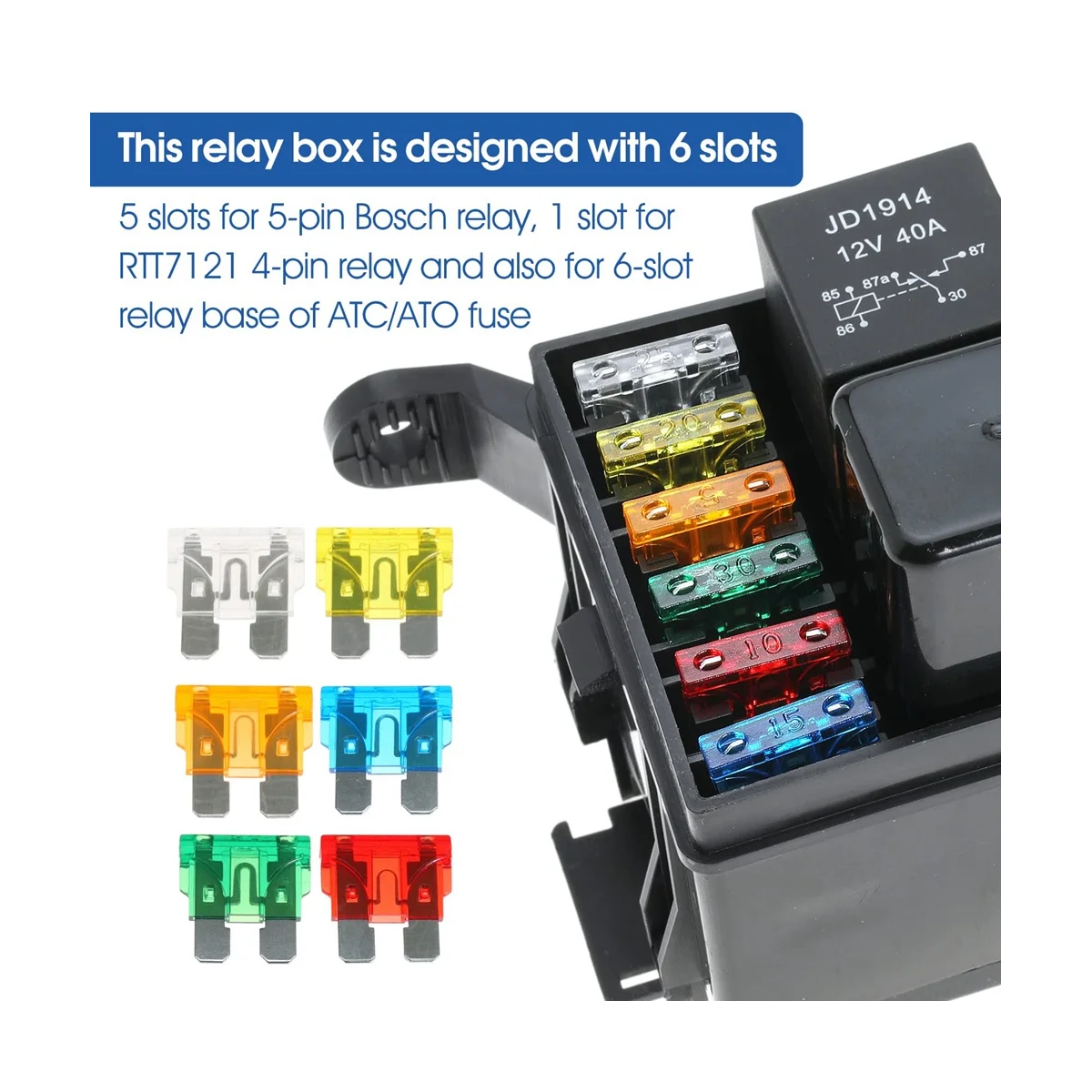 

12V Fuse and Relay Box Kit with 6 Slots Relay Block and ATC/ATO Blade Fuse with Metallic Pins Spade Terminals Universal