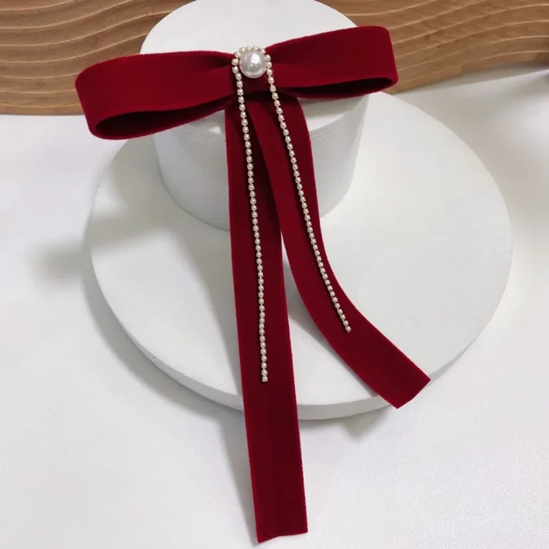 Красный бархатный бант для волос с жемчугом и стразами заколки кисточками женщин