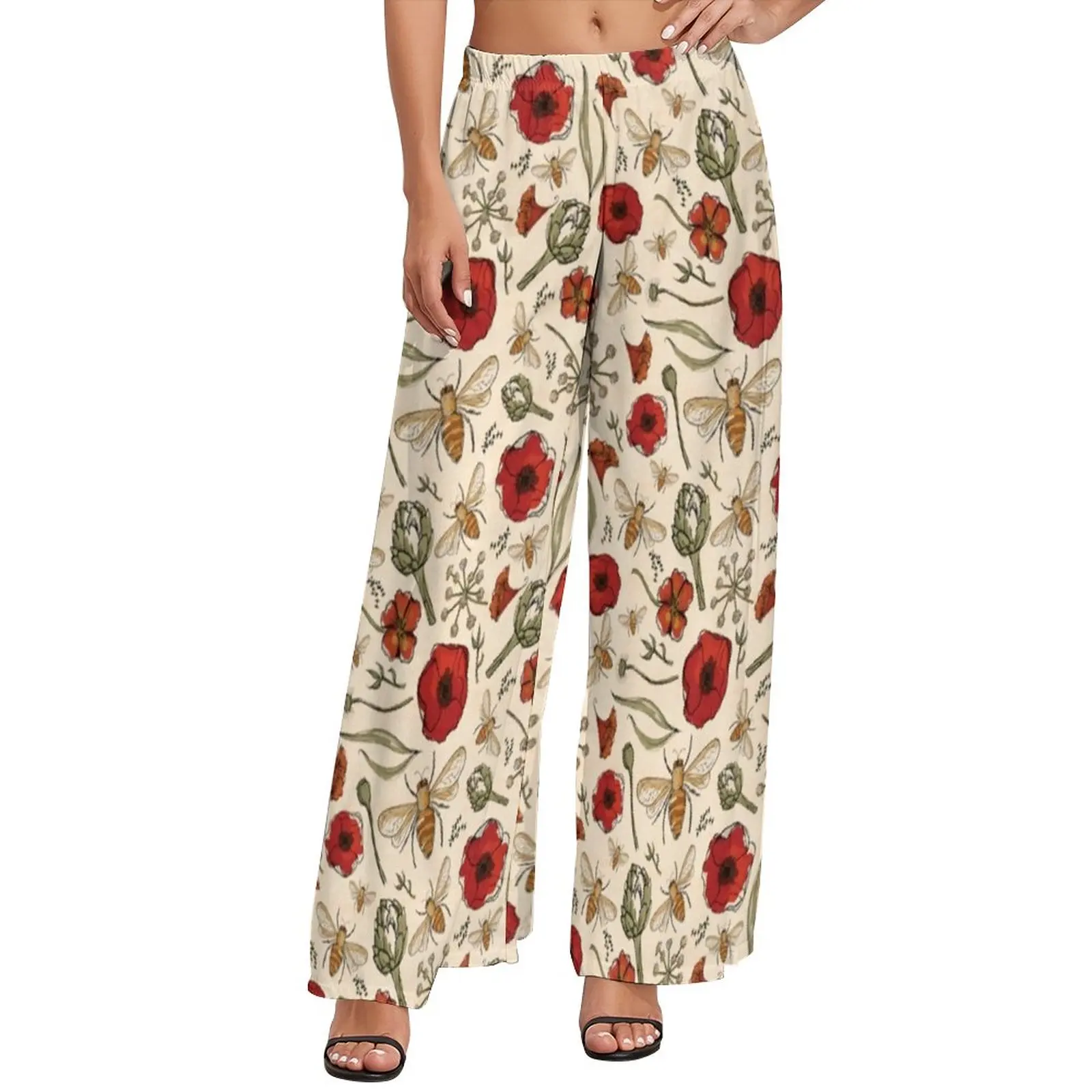 

Bumble Bees Pants Women Red Flower Print Streetwear Trousers High Waist Sexy Wide Pants Birthday Present