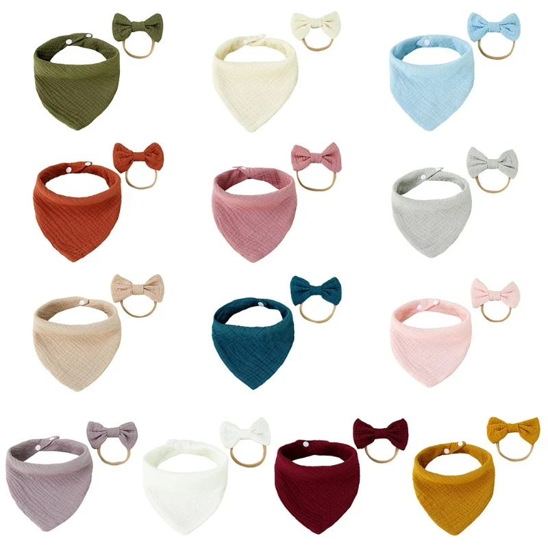 

57EE 2 Pcs Baby Girls Elastic Bow Headband Saliva Towel Set Princess Solid Color Bowknot Hair Band Bib Kit Soft Pure Cotton