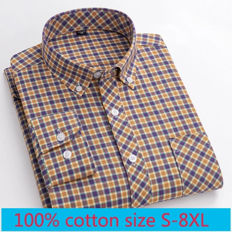 

New Arrival Fashion 100% Cotton Thin Plaid Long Sleeve Casual Men Casual Shirts Summer Plus Size M-2XL 3XL 4XL 5XL 6XL 7XL 8XL