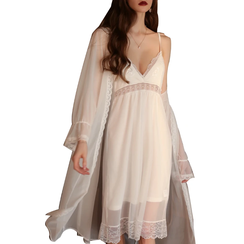 Sexy Mousse 2022 Women Sexy Nightdress Deep V Perspective Temptation Suspenders Robe Solid Color Women's Home Clothes Suit