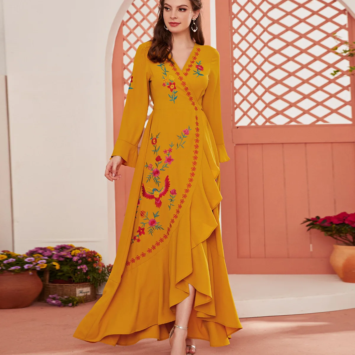 

2022 New M-4XL Oversized Boho Ruffle Dresses For Women Muslim Tunic Printed Abaya Dubai India Arabian High Quality Fashion Robes