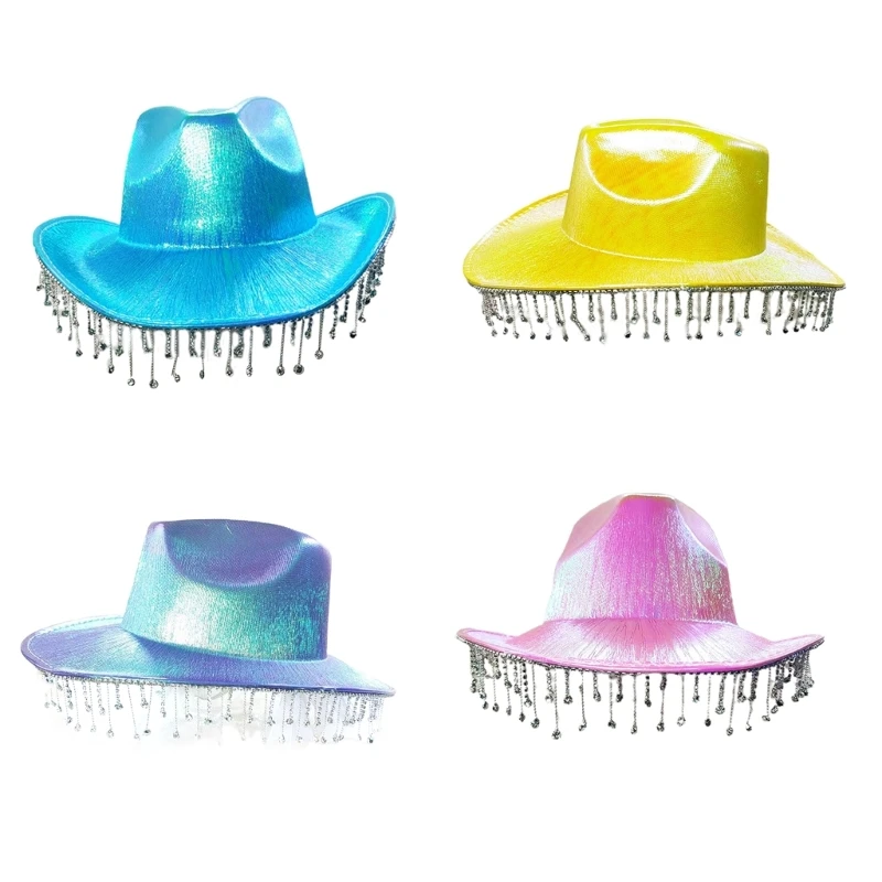 

Sparkly Tassel +Cowboy Hat Neon Color Fedora Hat for Bachelorette Party Jazz Hat All-match for Street