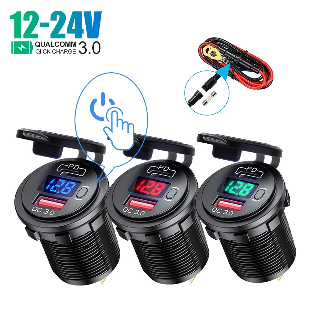 

For 12V/24V With Voltage Car USB Charger QC3.0 PD Type C USB with Switch Socket Vehicles Boat Motorcycle SUV Bus Truck