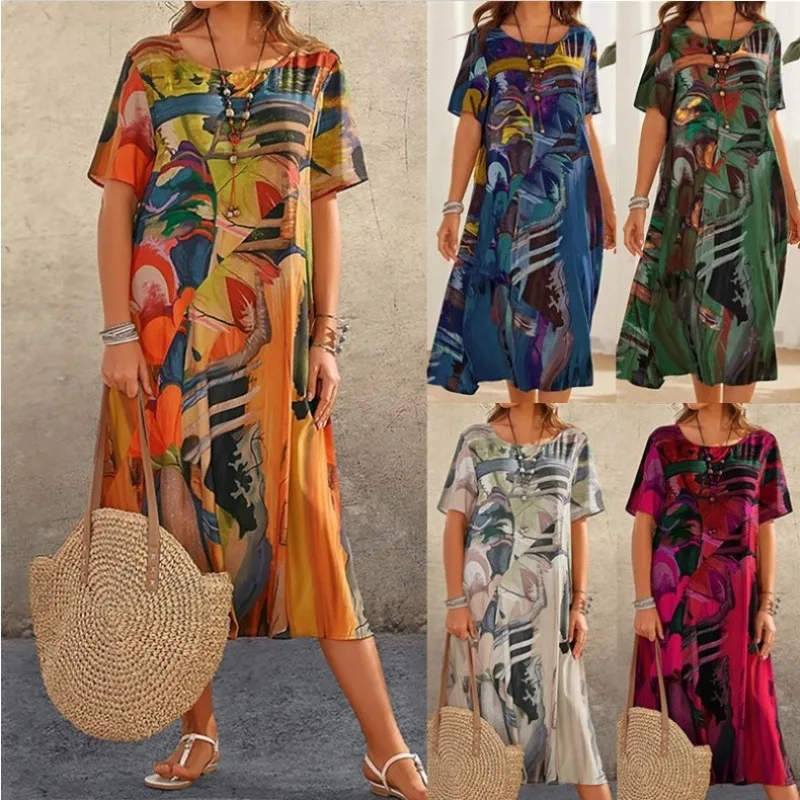 Bohemian Women Short Sleeve Midi Dress Summer O-Neck Mid Waist Full Art Print Mid-calf Length Dress Female Loose Casual Vestidos