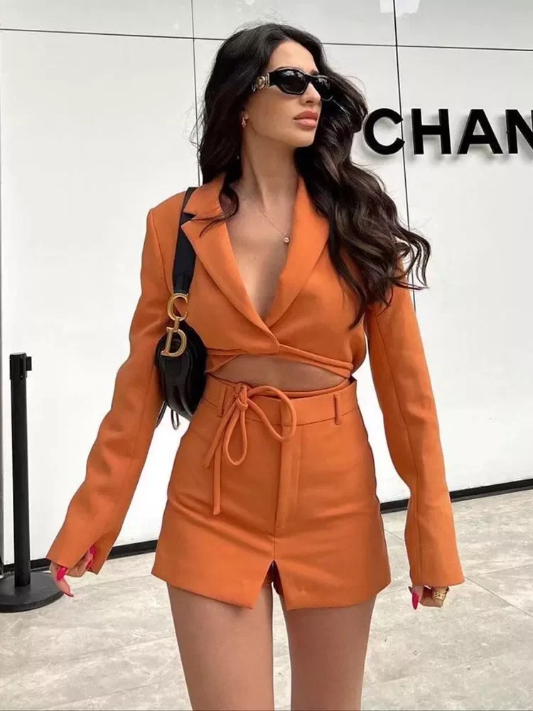 

New in 2022 New Fashion Bow Cropped Blazer Coat Vintage Long Sleeve Female Outerwear Chic Femme+strappy culottes suit y2k vesti