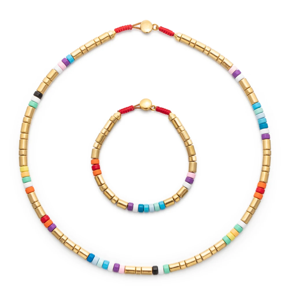 

2022 Custom High Quality Fashion Gold Plated Necklaces Exquisite Rainbow Enamel Tile Necklace And Bracelet Jewelry Set