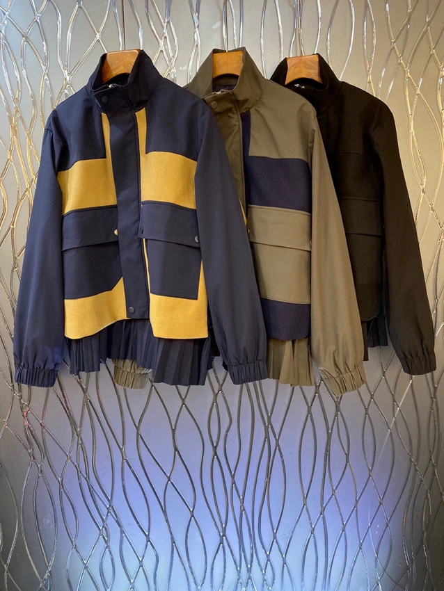 

2023 new women fashion high-quality long-sleeved stand-up collar color matching loose casual jacket 1019