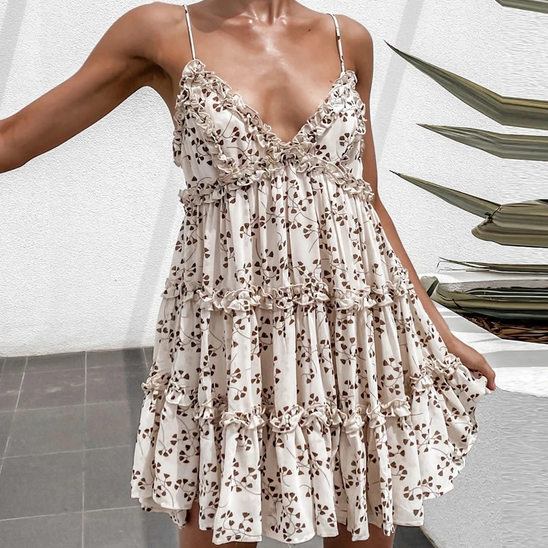 

Fashion Sleeveless Ruffle A-Line Dress Women 2021 Cottagecore Dress Summer Elegant V-Neck Party Dresses Sexy Backless Vestido