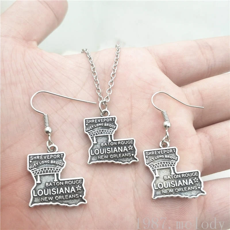 

Louisiana USA Map of America Mini Jewelry Set Creative Earring Necklace Sets, Vintage Fashion Women Girl Gifts