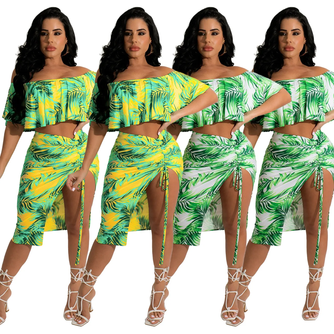 

2022 Summer Holiday Beach Clothes Sexy Bohemian Printing Slash Neck Ruffles Crop Top High Split High Waist Skirt Two Pieces Set