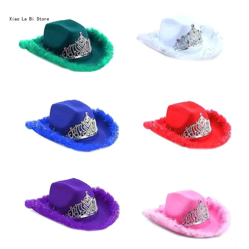 

Wedding Party Cowboy Hat Feather Tinsel Brim Hat Fedoras Felt Cowboy Hat with Rhinestones Decor XXFD