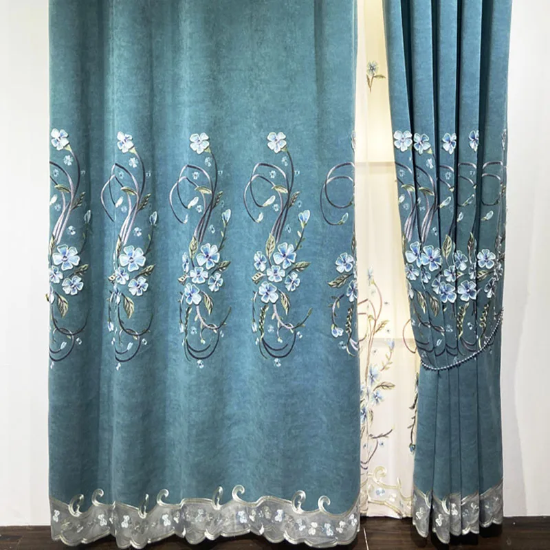 

European Simple Curtains for Living Room Dining Bedroom Style Light Luxury Embroidered Blackout Luxury Embroidery Chenille