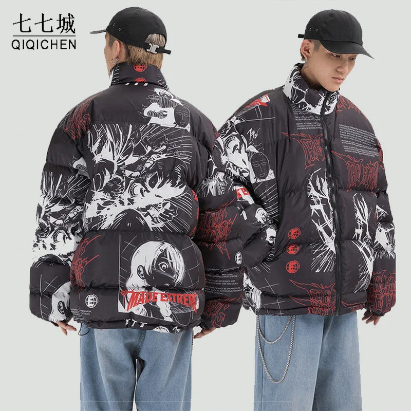 Winter Warm Parkas Jacket Men Comics Graffiti Street Harajuku Thicken Zipper Stand Collar Padded Jacket Loose Casual Coat Unisex