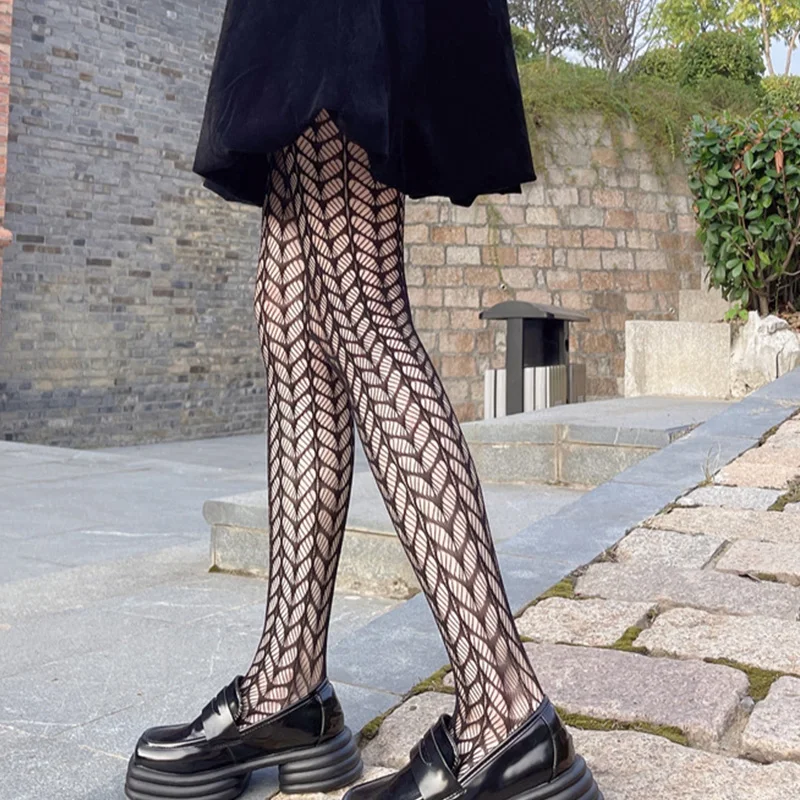 

Black Hollow Out Women Pantyhose Summer Mesh Jacquard Tights Sweet Lolita Fishnet Thin Hosiery Stockings Harajuku