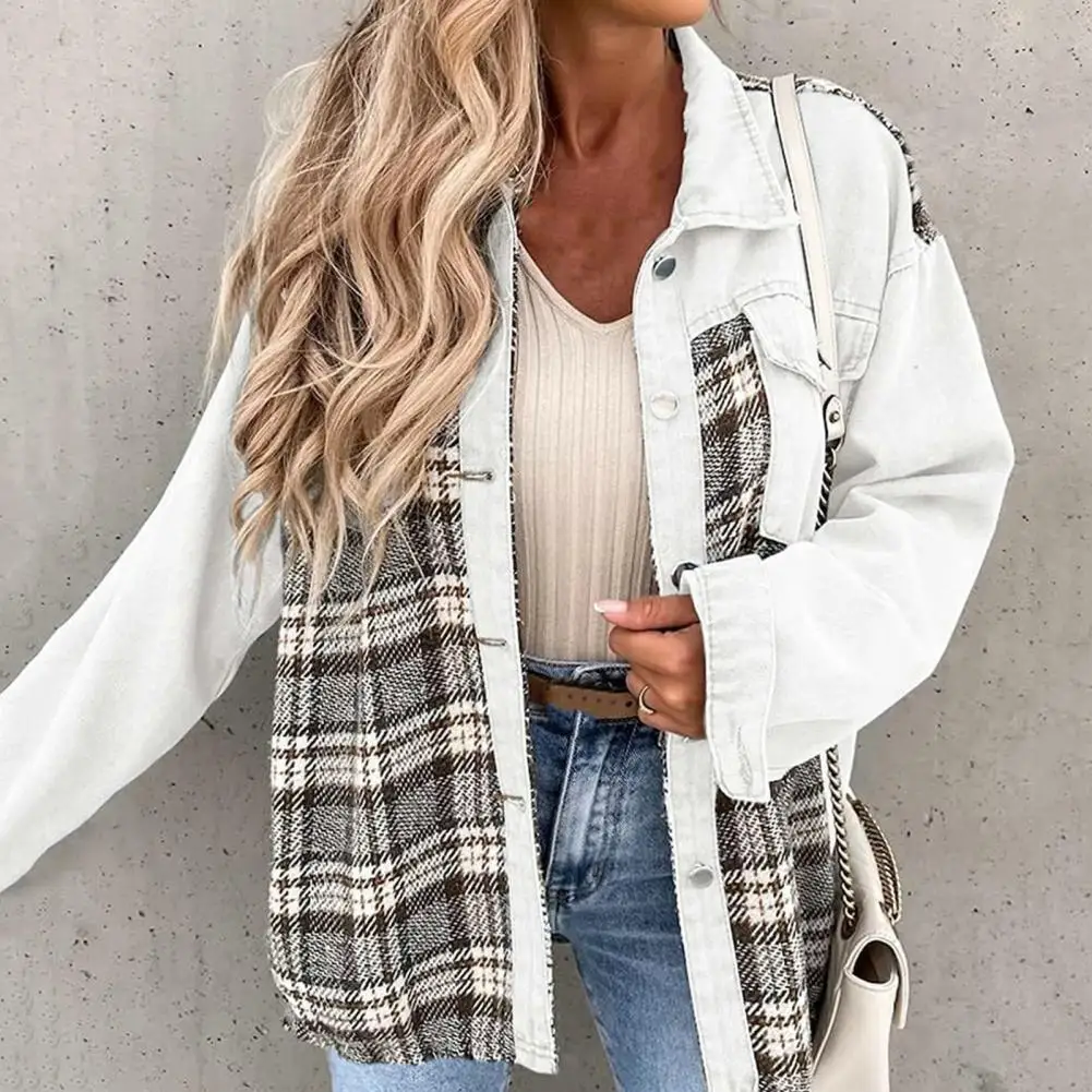 

Women Jackets Plaid Print Contrast Color Patchwork Long Sleeves Keep Wram Single-breasted Pockets Cardigan Lady Autumn Coat