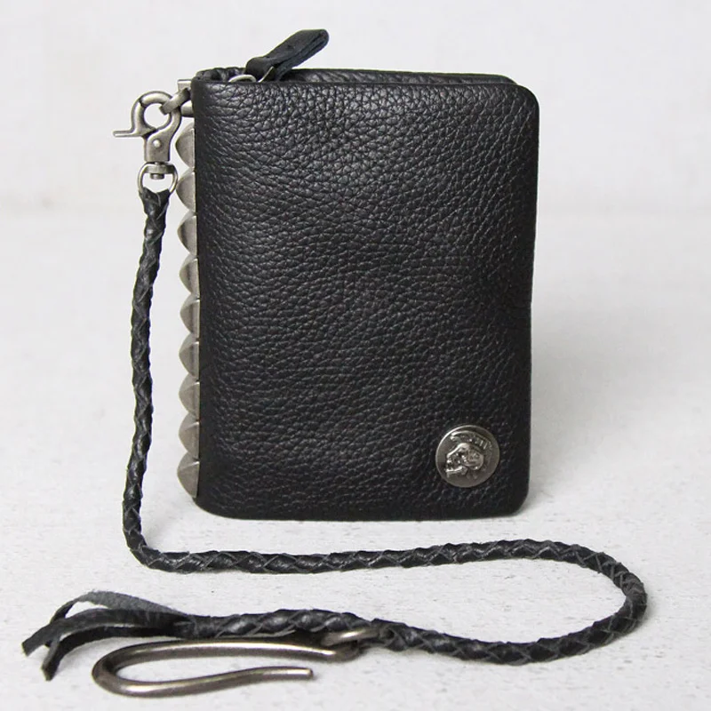 

around High quality Hot fashion rivet chain clip genuine leather Leather money wallet short men purse bag male zip
