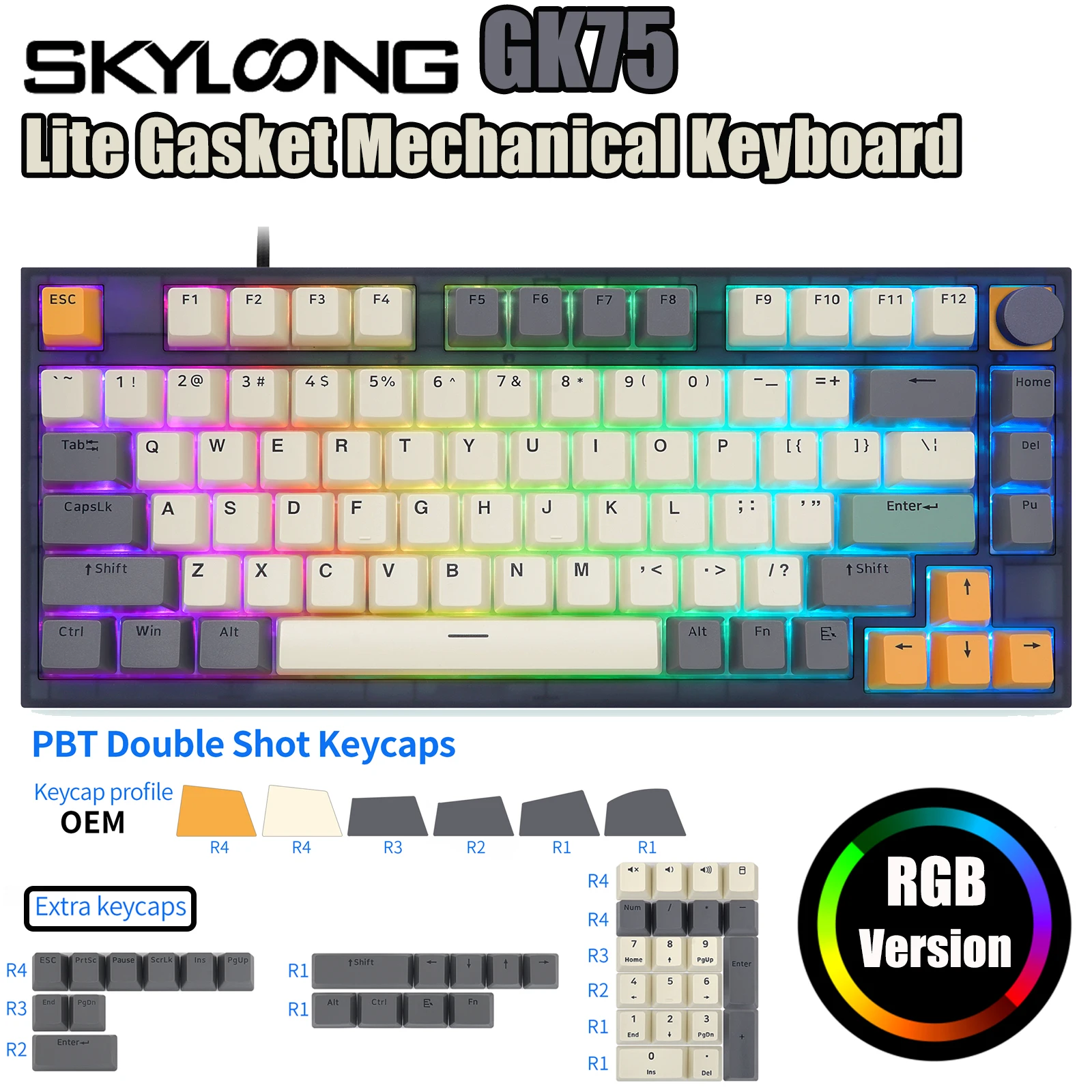 Механическая клавиатура Skyloong GK75, RGB, горячая Распродажа, оптическая желтая модель, телефонная клавиатура, проводная, 75% Lite, прокладка, WIN/MAC Gaming