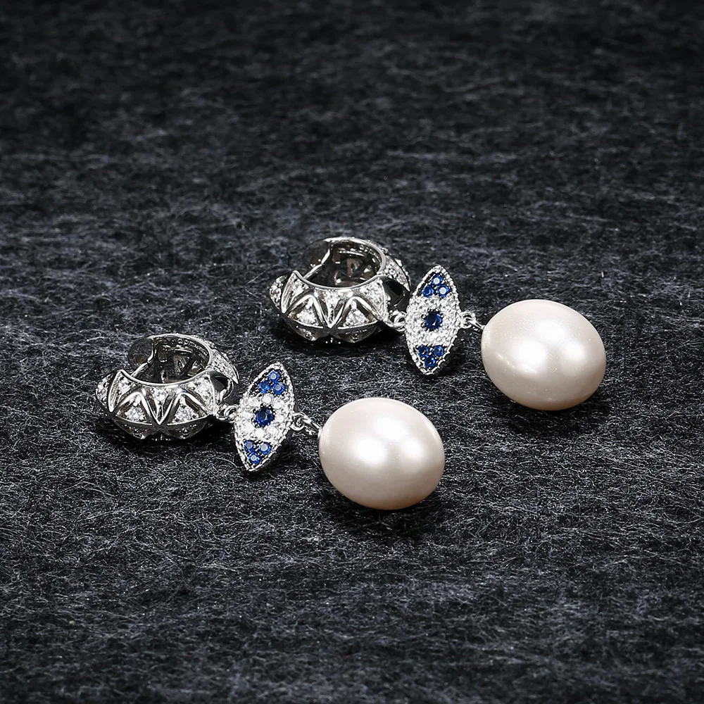 

APM STYLE high quality 925 sterling silver Evil Eye Asymmetrical Earrings Inlaid With Crystal Diamonds Exquisite Pearl Earrings