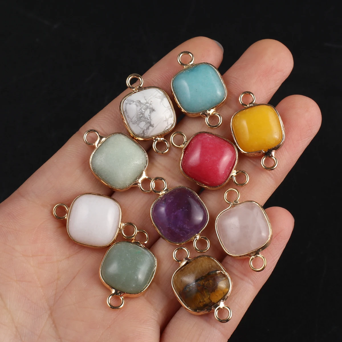 

Square Two-hole Connector Pendant Natural Stone Tiger Eye Stone Amethyst Random Color Charms for Jewelry Making DIY Necklaces